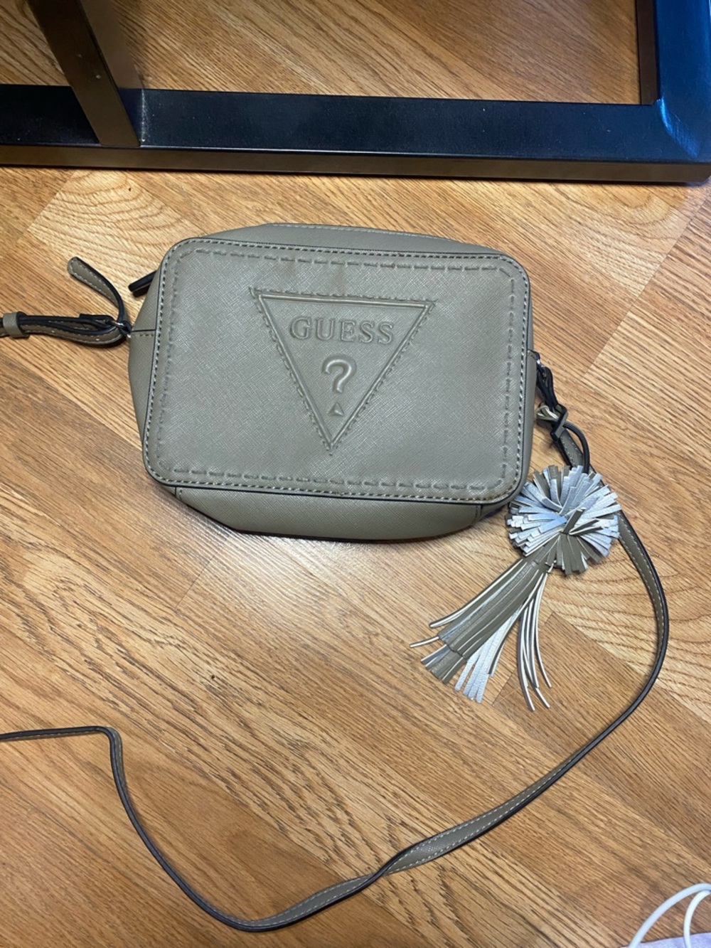 GUESS Taupe/Gray Crossbody Bag with Tassel Charm